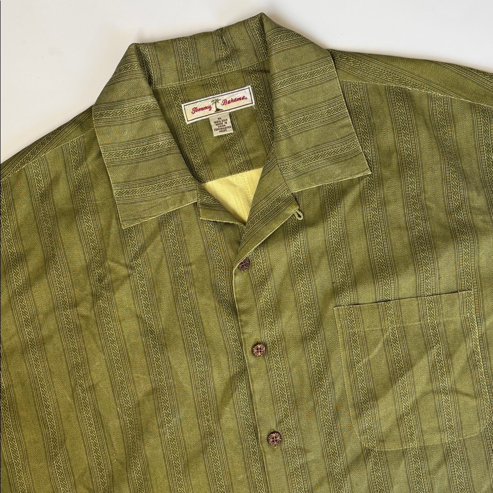 Tommy Bahama Silk‎ Tropical Hawaiian Green Striped Button Shirt Vacation Mens XL